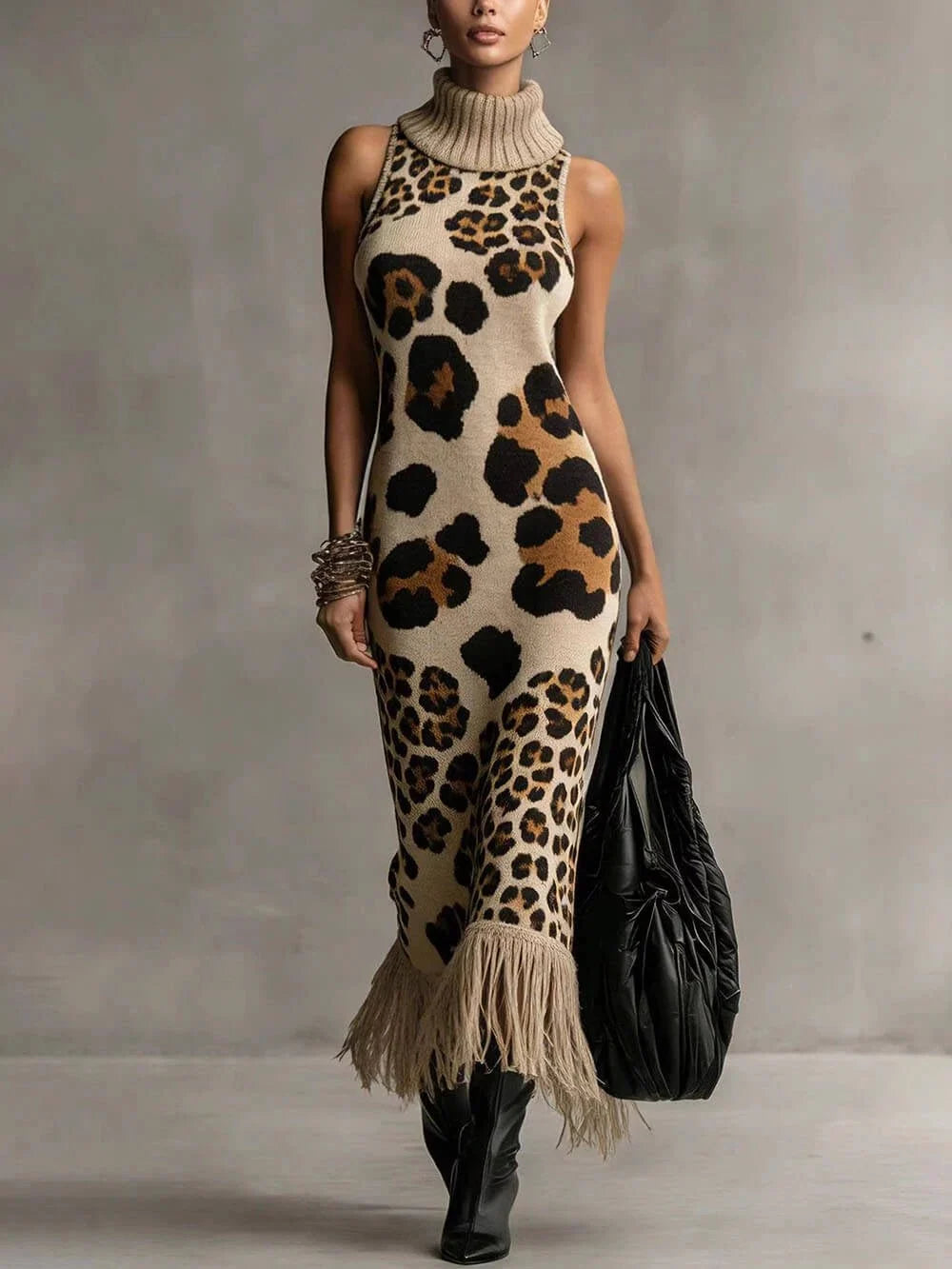 Oksana - Vestido maxi de punto con estampado de leopardo