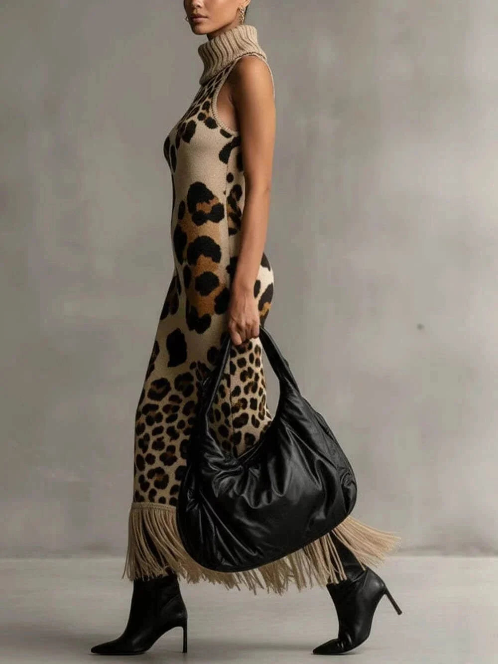 Oksana - Vestido maxi de punto con estampado de leopardo